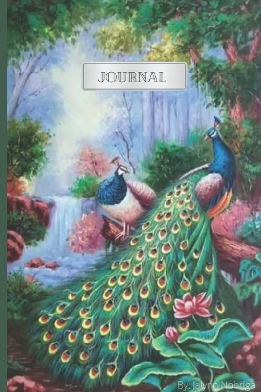 Peacocks Near Waterfall Journal: 6x9 inches| Green Soft Cover| Peacock on Front Cover| 120 white pages| lined notebook
